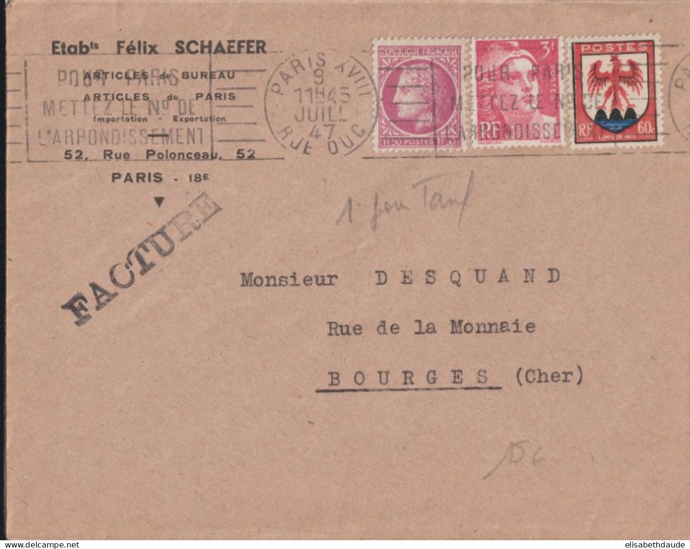 9 JUILLET 1947 - 1er JOUR DU TARIF ! - ENVELOPPE De PARIS => BOURGES - Tarifs Postaux