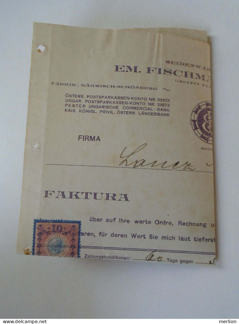 ZA470.30 Old Invoice Austria -Em. Fischmann's Neffe Seidenwarenfabrik WIEN 1912- Nandor LANTZ Temesszépfalu Banat - Oostenrijk