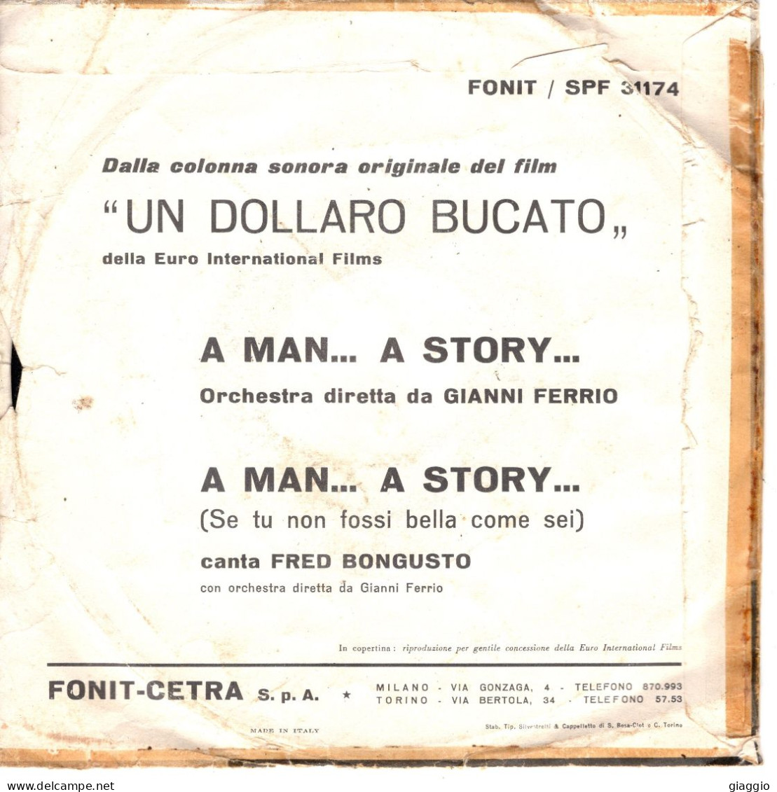 °°° 342) 45 GIRI - DAL FILM UN DOLLARO BUCATO - GIANNI FERRIO / FRED BONGUSTO °°° - Música De Peliculas