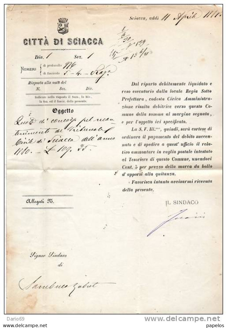 1881  LETTERA CON ANNULLO SCIACCA AGRIGENTO + SAMBUCA ZABUT - Storia Postale