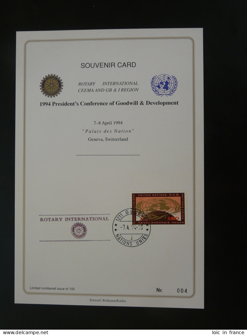 Encart Folder Souvenir Card Rotary International Flamme Geneve Conference Nations Unies UNO 1994 - Brieven En Documenten