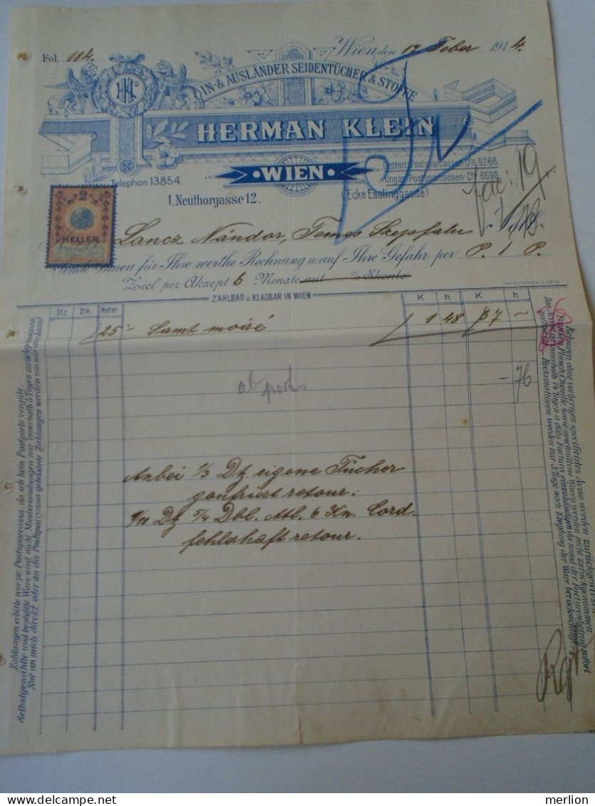 ZA470.32  Old Invoice Austria  Herman Klein WIEN  1914   - Nandor LANTZ Temesszépfalu Banat - Austria