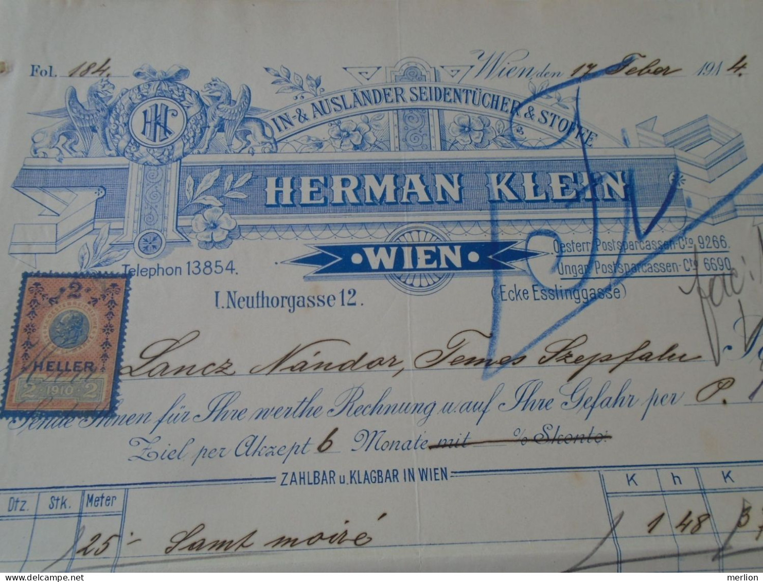 ZA470.32  Old Invoice Austria  Herman Klein WIEN  1914   - Nandor LANTZ Temesszépfalu Banat - Österreich