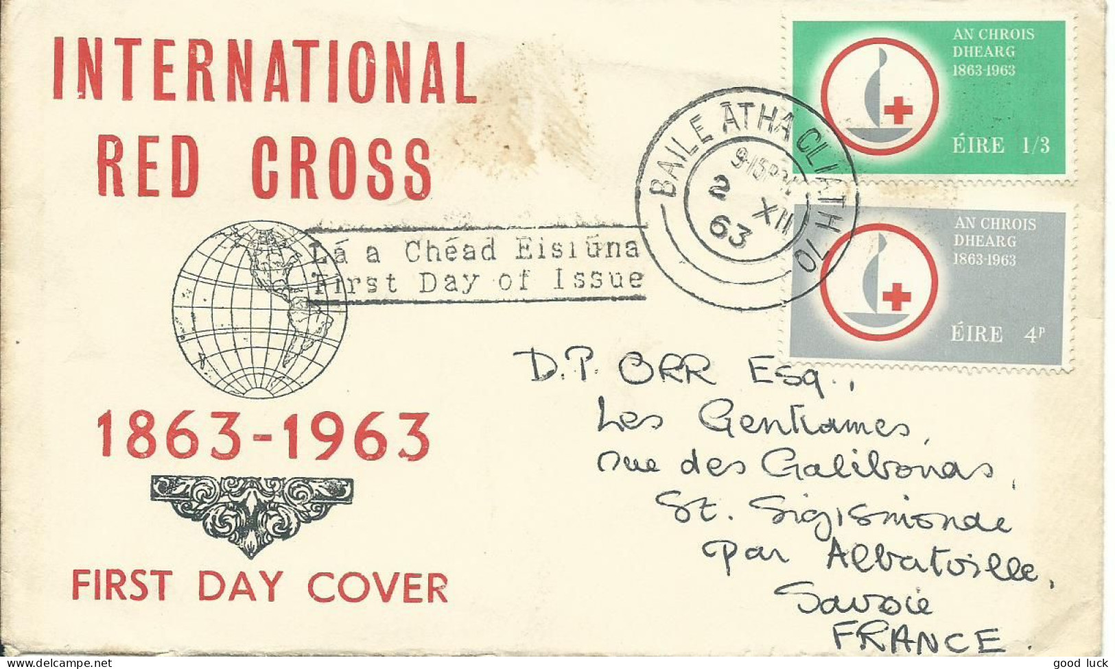 IRLANDE LETTRE 4p30  CROIX ROUGE POUR ALBERTVILLE ( SAVOIE ) DE 1963 LETTRE COVER - Brieven En Documenten