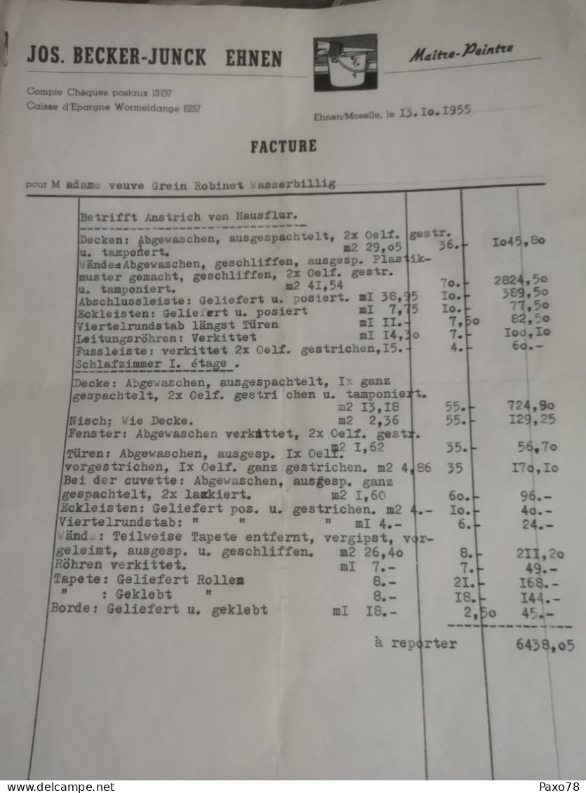 Facture Luxembourg, Jos. Becker-Junck, Ehnen 1955 - Luxembourg