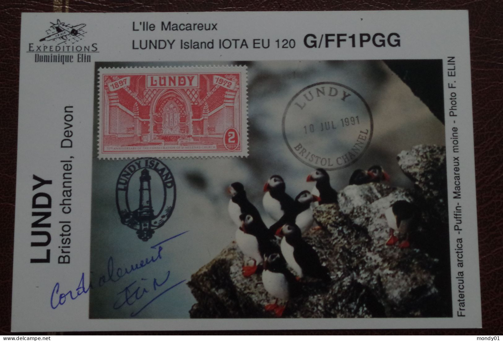 Carte Lundy île Aux Macareux Moines Puffin Island Qsl Radio Amateur QSL Phare Lighthouse Thème Animaux Polaire TAAF - Pingouins & Manchots