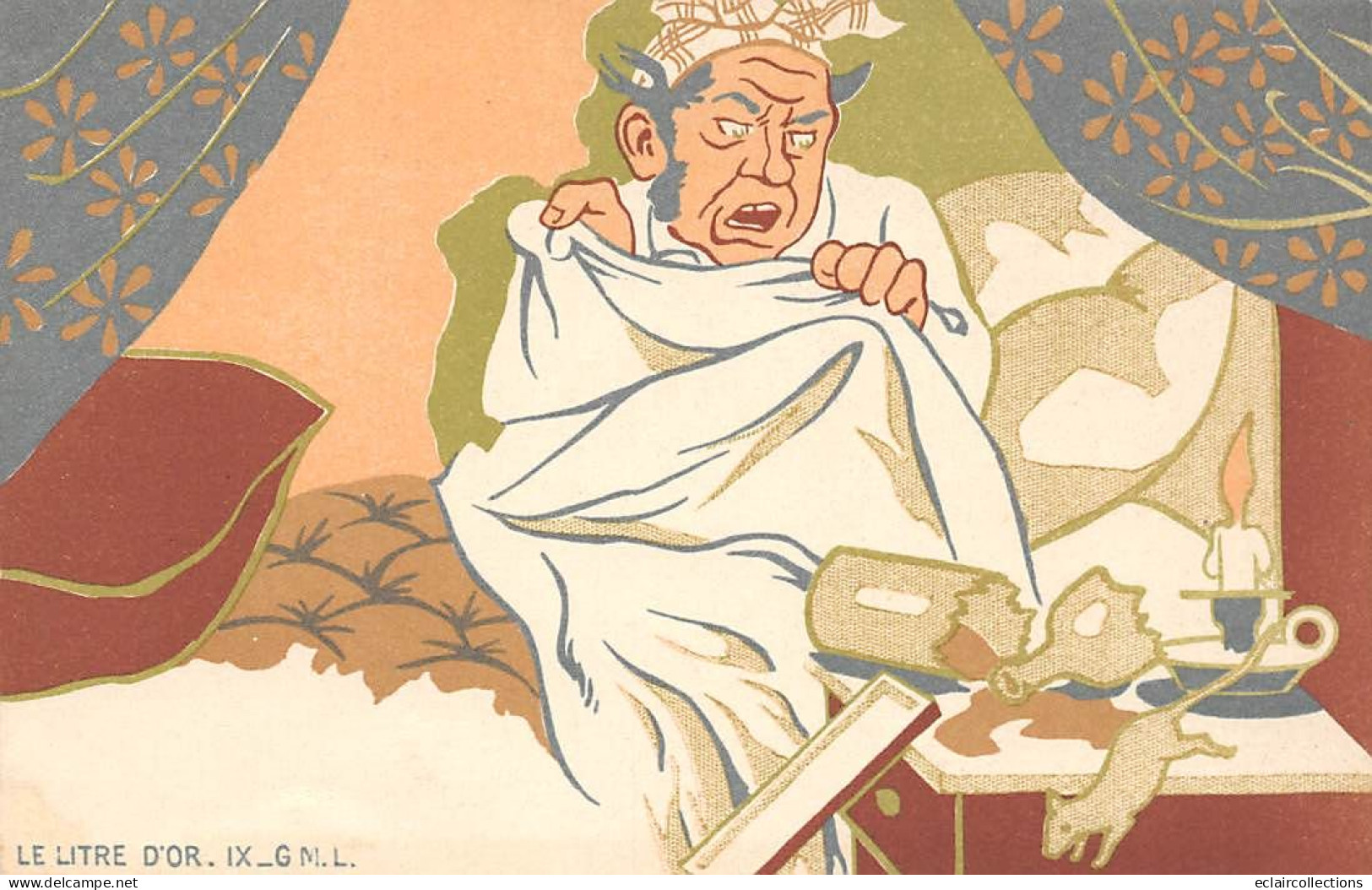 Illustrateur     .  G. M.L   Le lit d'or  Série de 10 cartes  Humour. Ivrogne au lit..   ( voir scan)