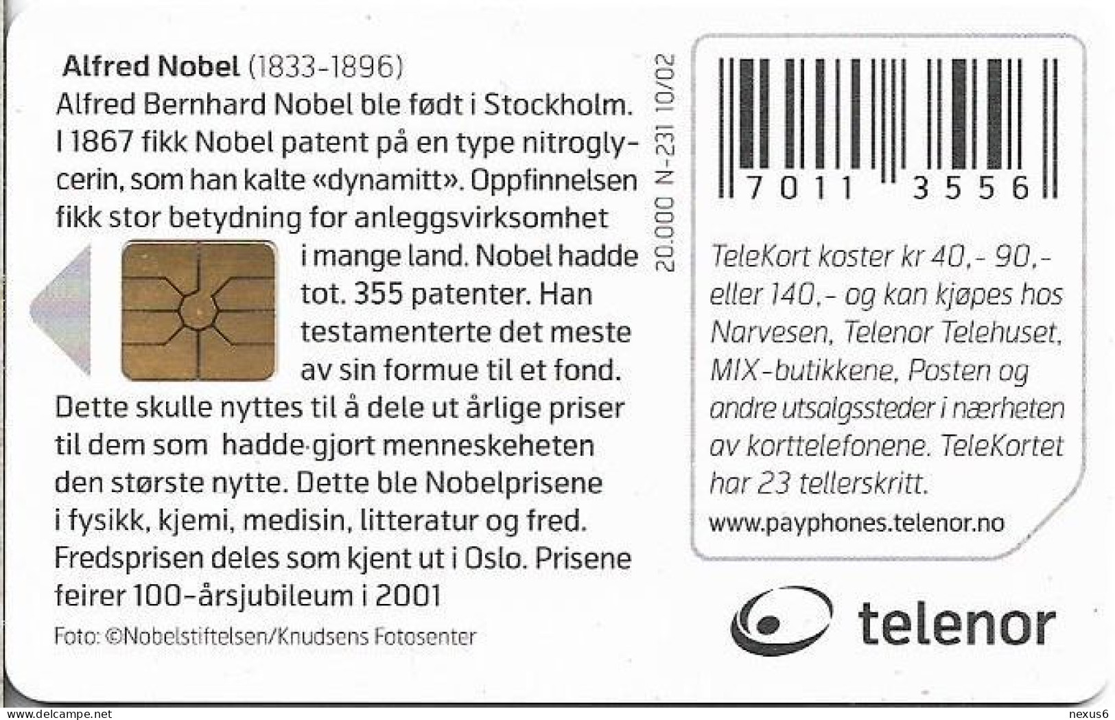 Norway - Telenor - Nobel - N-231 - 10.2002, 20.000ex, Used - Norvège