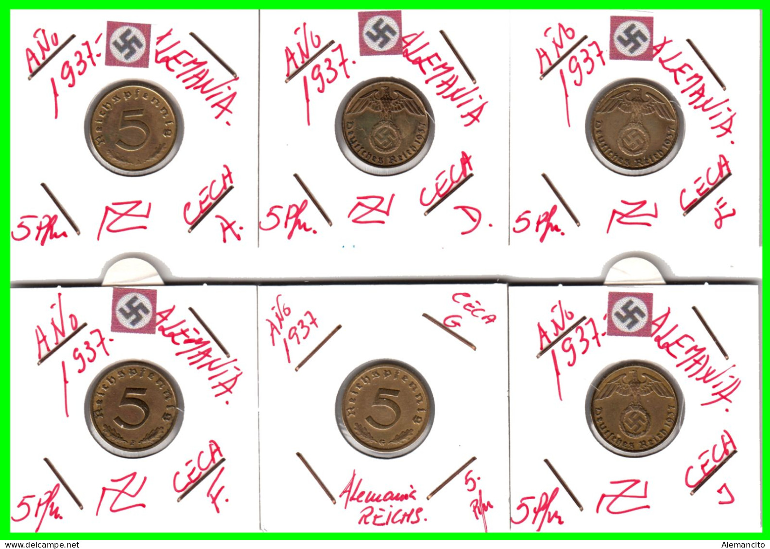 GERMANY - ALEMANIA DEUTFCHES REICH 6 MONEDAS DE 0.05 REICHSPFENNIG AÑO 1937 BRONCE 2ª GUERRA MUNDIAL - 5 Reichspfennig