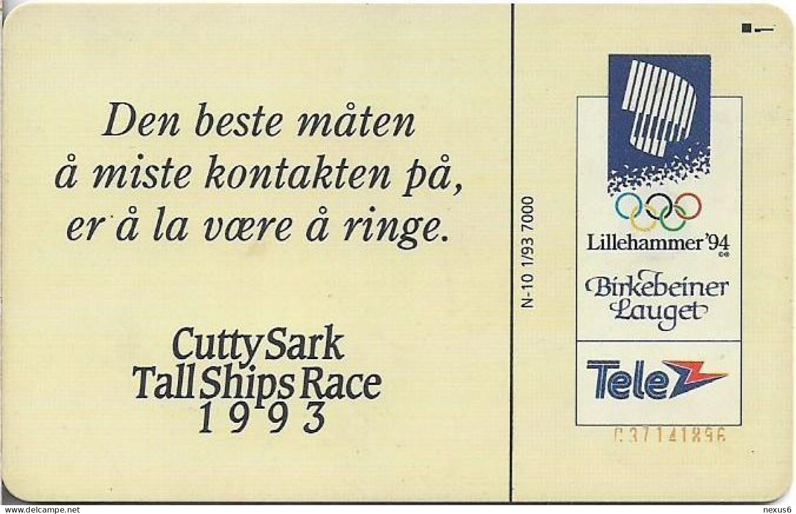 Norway - Telenor - Cutty Sark Tall Ship Race 1993 -  N-010 - 01.1993, 7.000ex, Used - Norvegia