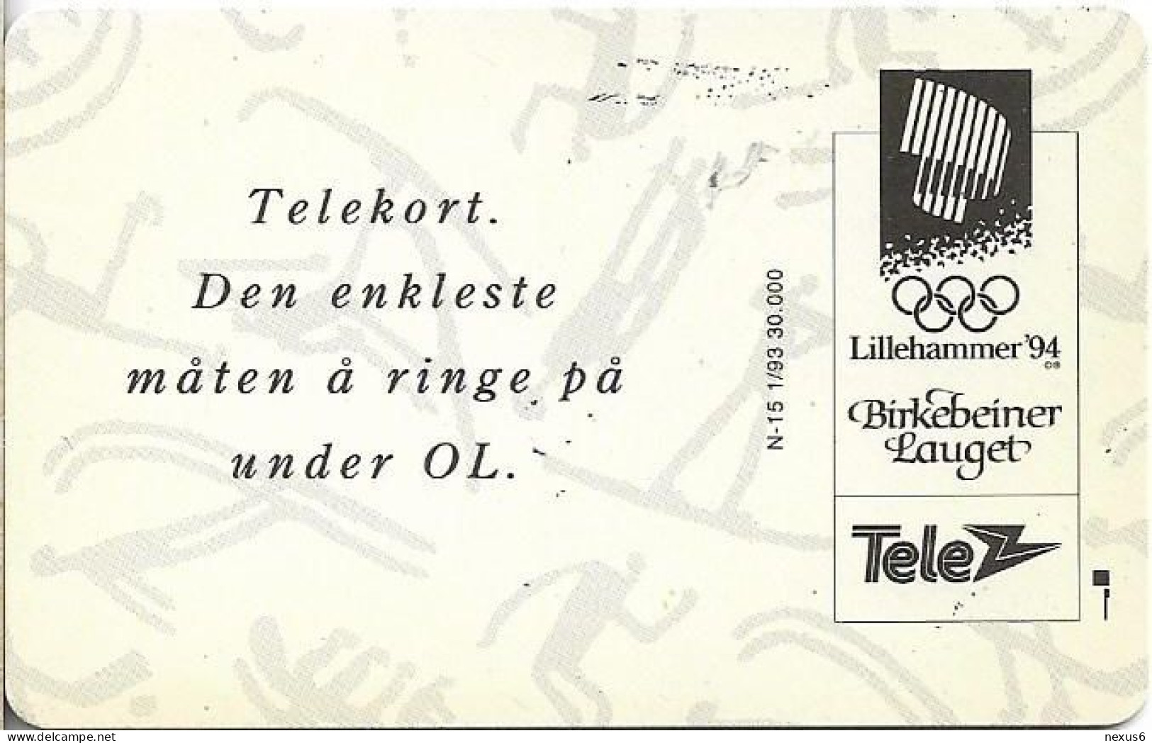 Norway - Telenor - Olympic Games Bob - N-015C - SC5, (Cn. 00408), 01.1993, 65U, 8.000ex, Used - Norvegia