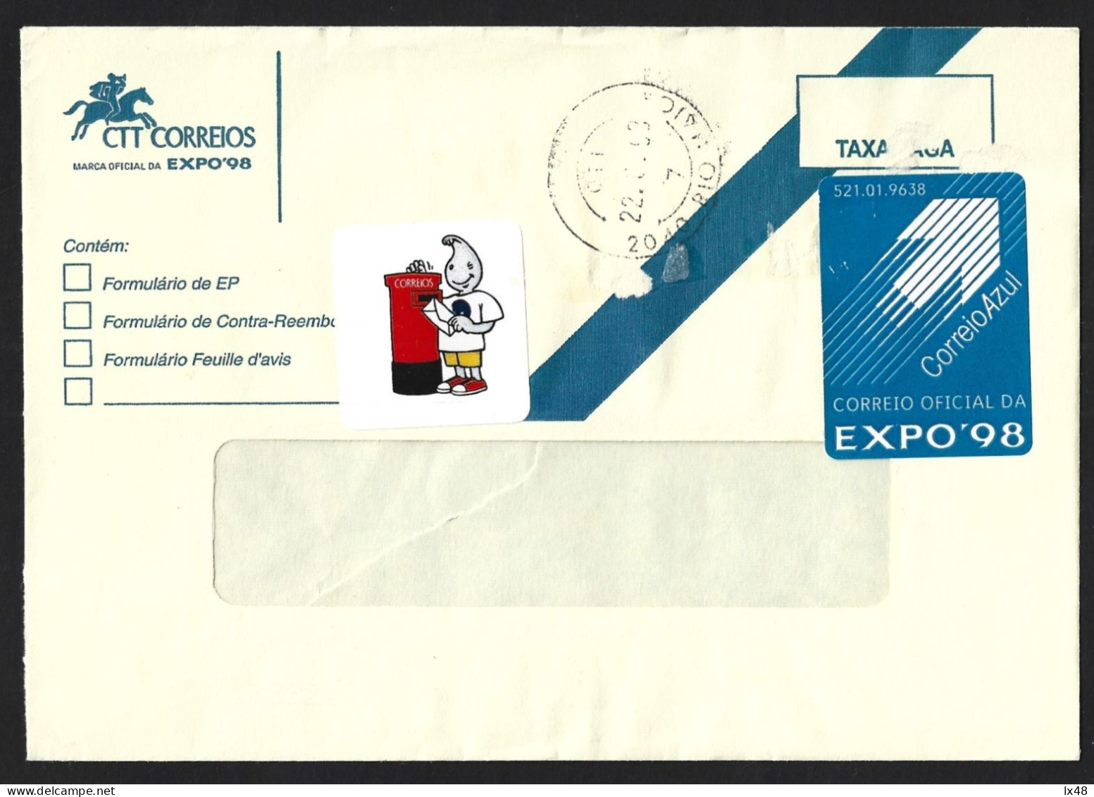 Carta Expedida Da EXPO 98 Com Vinheta Do Gil E Vinheta De Correio Azul. Letter Sent EXPO 98 With Sticker From Gil. - Brieven En Documenten