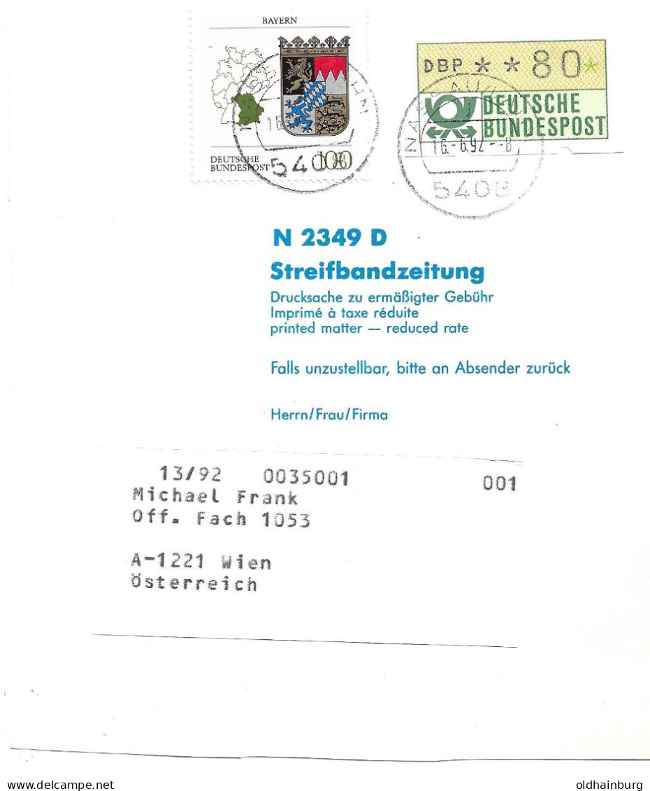 3254r: BRD 1992, Zeitungsschleifen- Abschnitt Mit ATM Und Wappen Bayern Nach Österreich - Covers