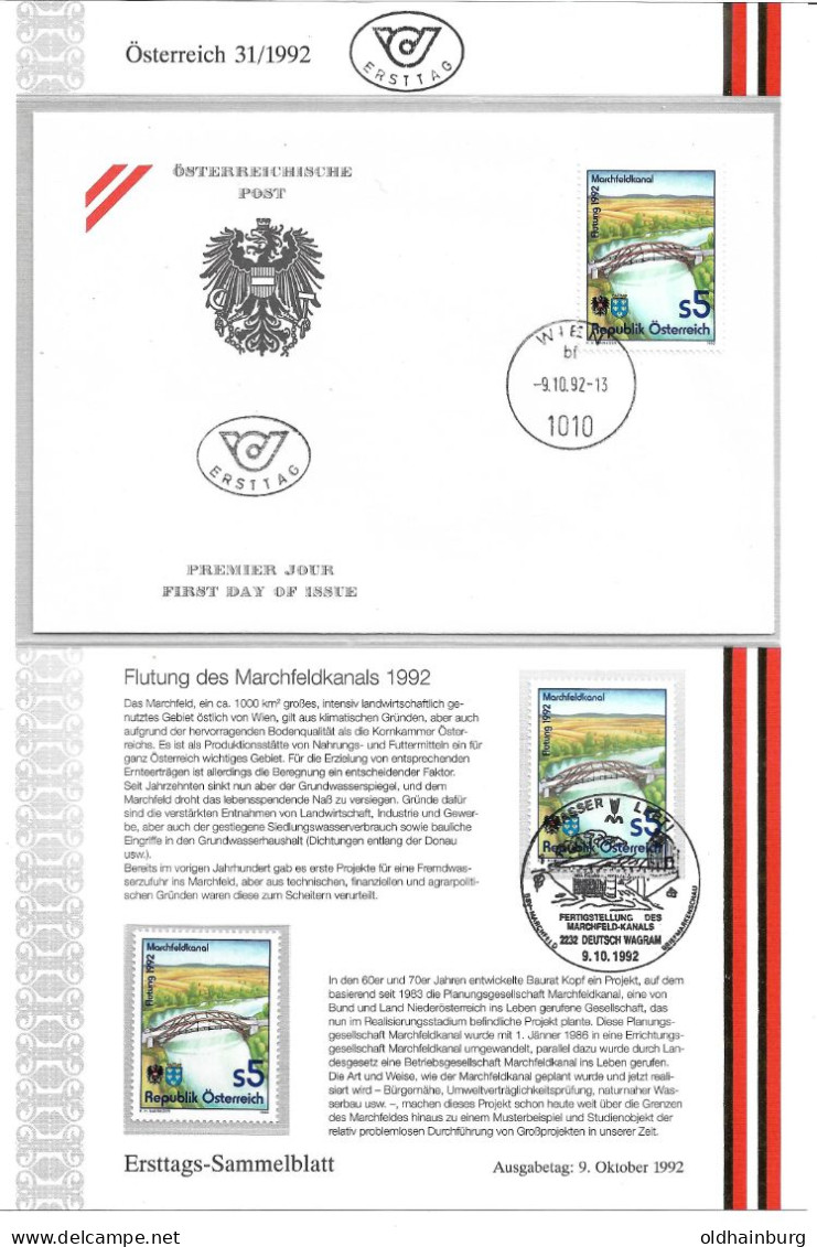 3254e: Österreich 1992, Flutung Des Marchfeldkanals, Deutsch Wagram, Speziallot **/ O/ FDC Mit Beschreibung - Gänserndorf