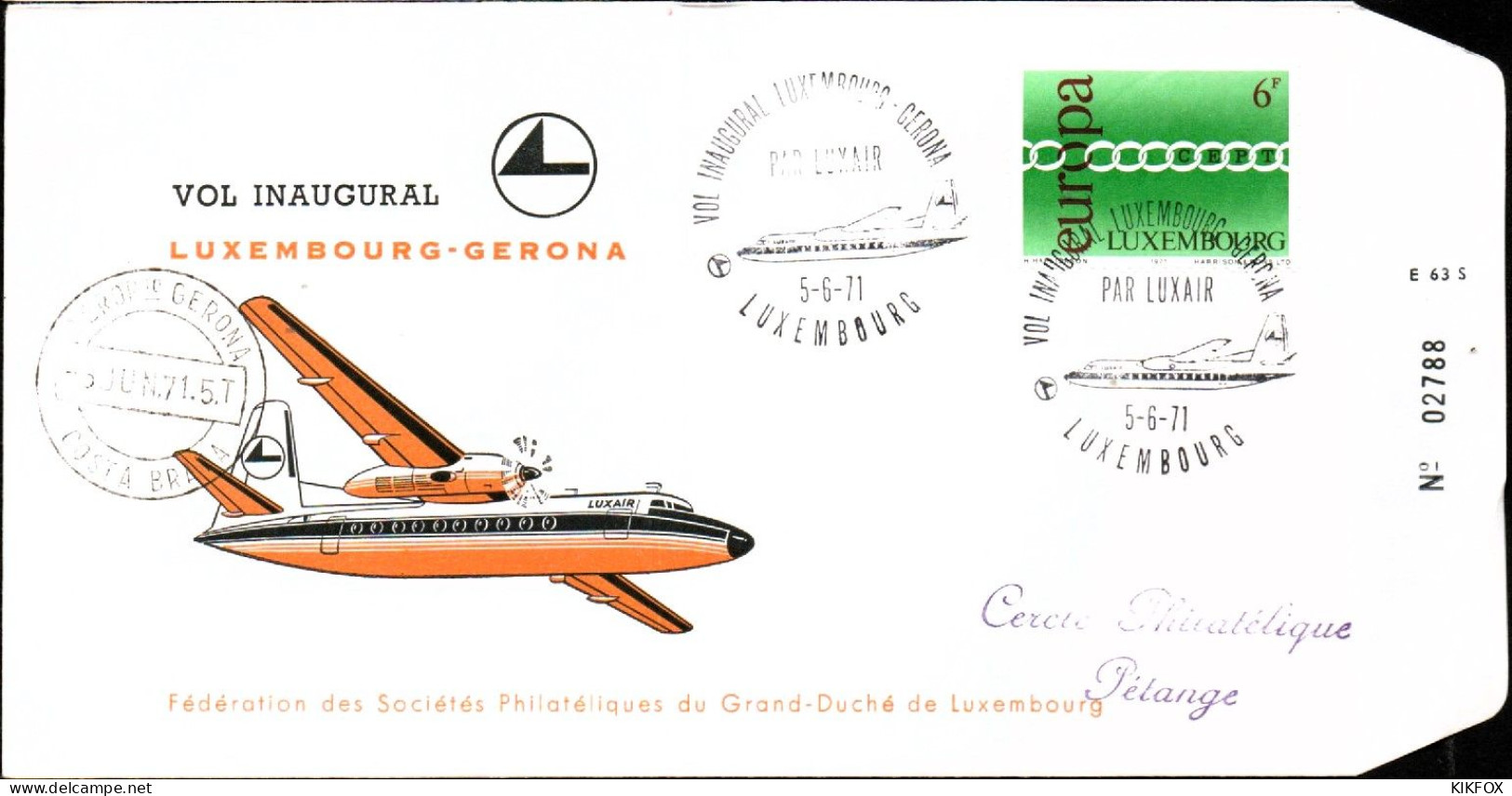 Luxembourg , Luxemburg ,  5 - 6 - 1971 ,FDC  Vol Inaugural Luxembourg-Gerona ,  Timbre Mi 825, GESTEMPELT - Covers & Documents