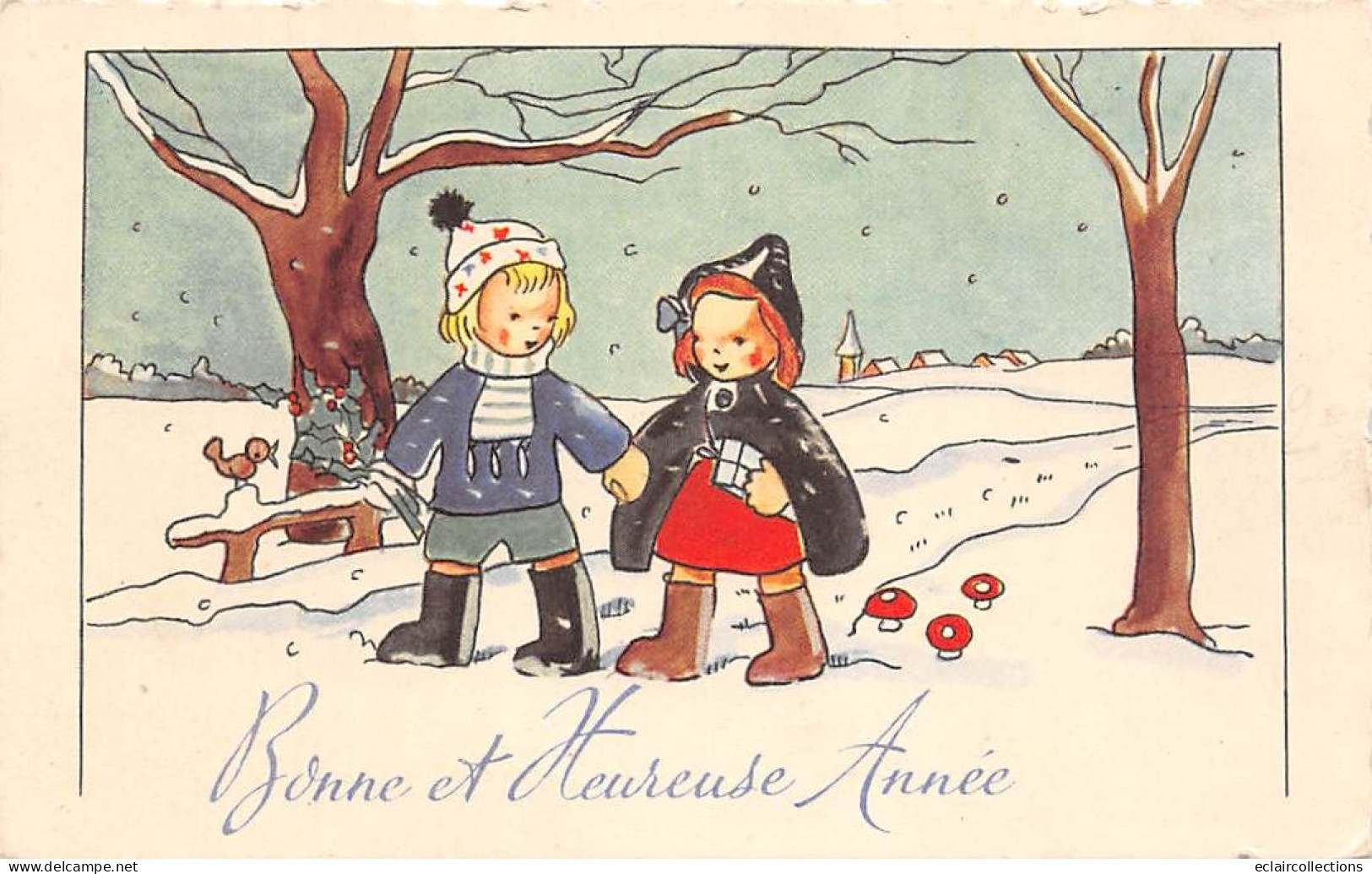 Illustrateur     .Enfant. Hiver. Champignons. Neige. Bonne Et Heureuse Année     ( Voir Scan) - 1900-1949