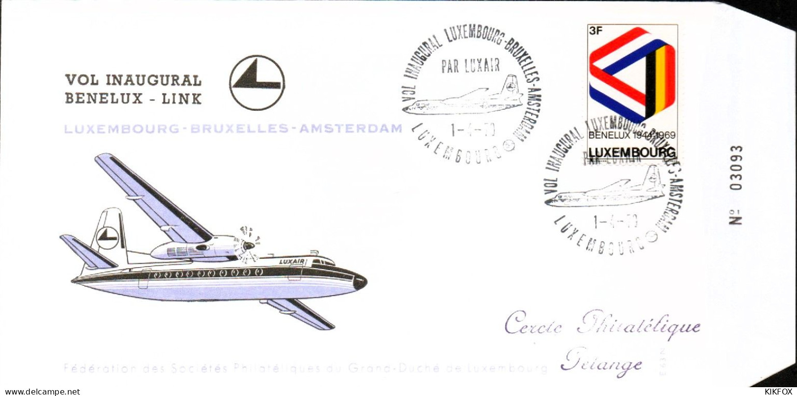 Luxembourg , Luxemburg ,1 - 4 - 1970 ,FDC  Vol Inaugural Luxembourg- Bruxelles - Amsterdam , Timbre Mi 793, GESTEMPELT - Cartas & Documentos