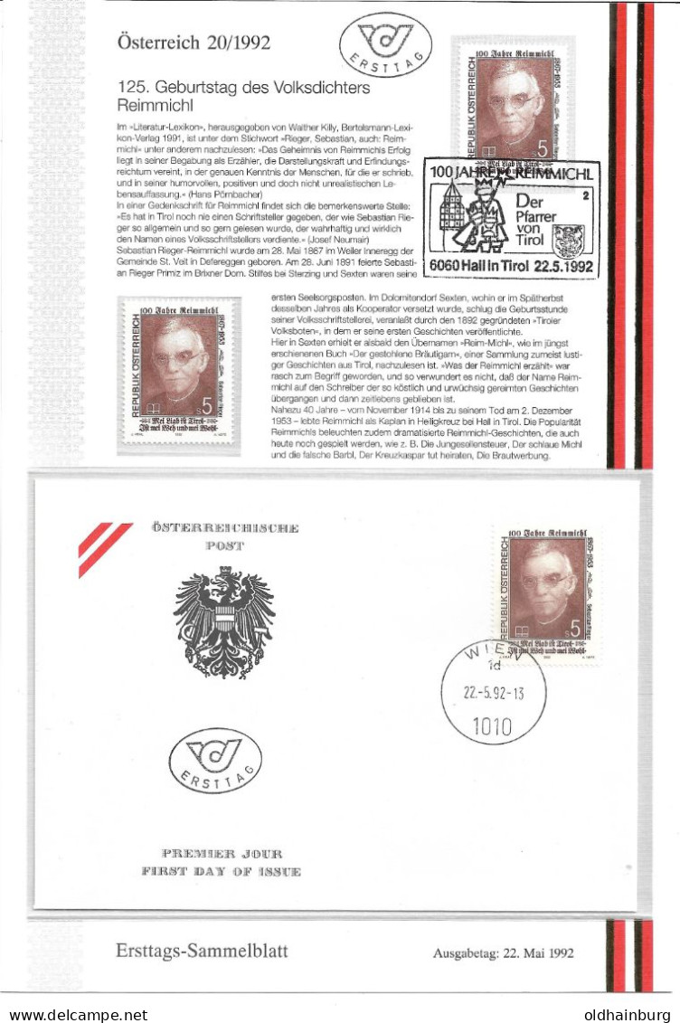 3253n: Österreich 1992, Pfarrer Und Volksdichter Von Tirol, Reimmichl, Speziallot **/ O/ FDC, Bedarfsbrief Nachnahme - Theologians