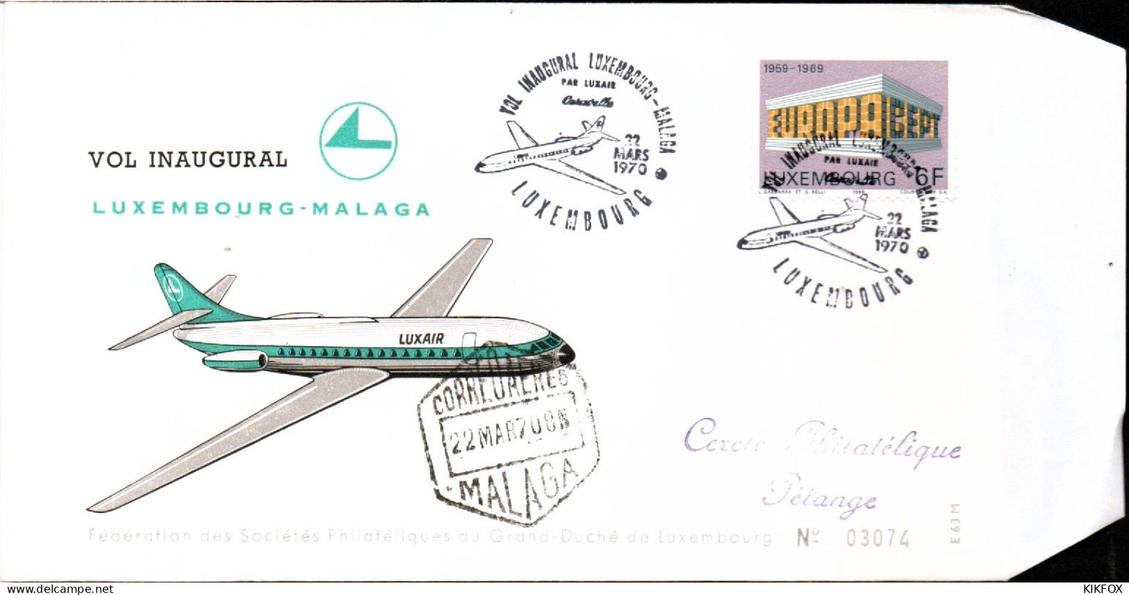 Luxembourg , Luxemburg ,22 Mars  1970 ,FDC  Vol Inaugural Luxembourg - Malaga , Timbre Mi 789, GESTEMPELT - Covers & Documents