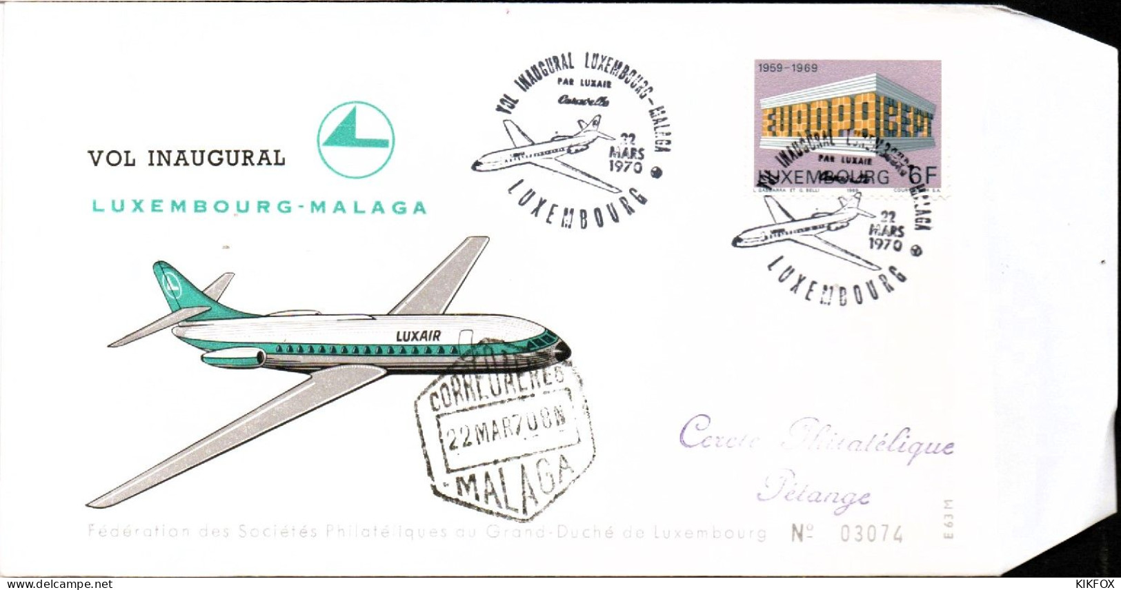 Luxembourg , Luxemburg ,22 Mars  1970 ,FDC  Vol Inaugural Luxembourg - Malaga , Timbre Mi 789, GESTEMPELT - Briefe U. Dokumente