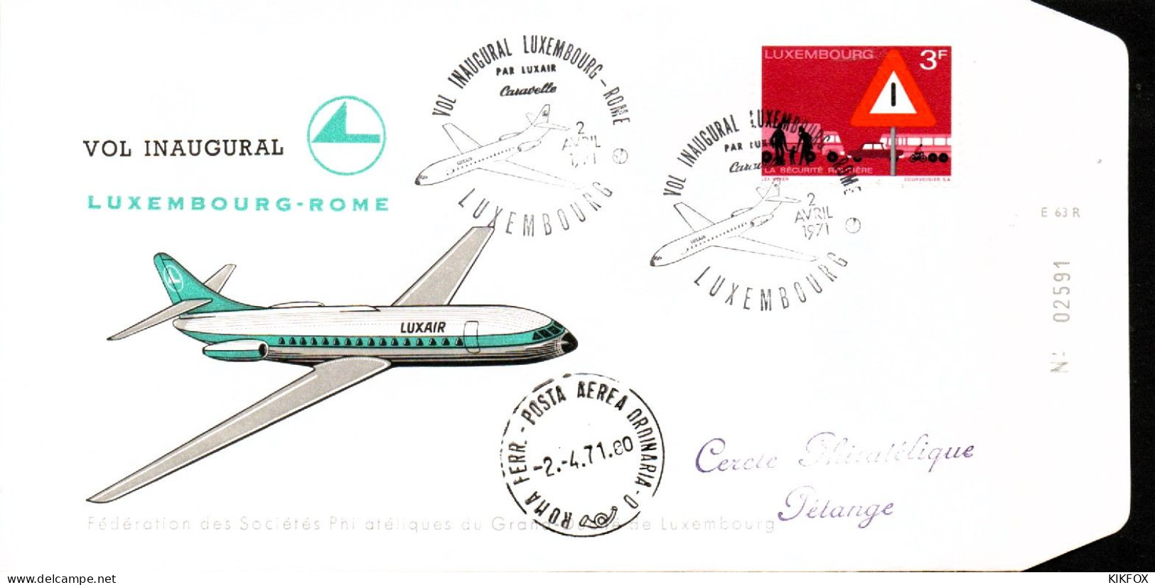 Luxembourg , Luxemburg ,2 April 1971 ,FDC  Vol Inaugural Luxembourg - Rome , Timbre Mi 809, GESTEMPELT - Brieven En Documenten