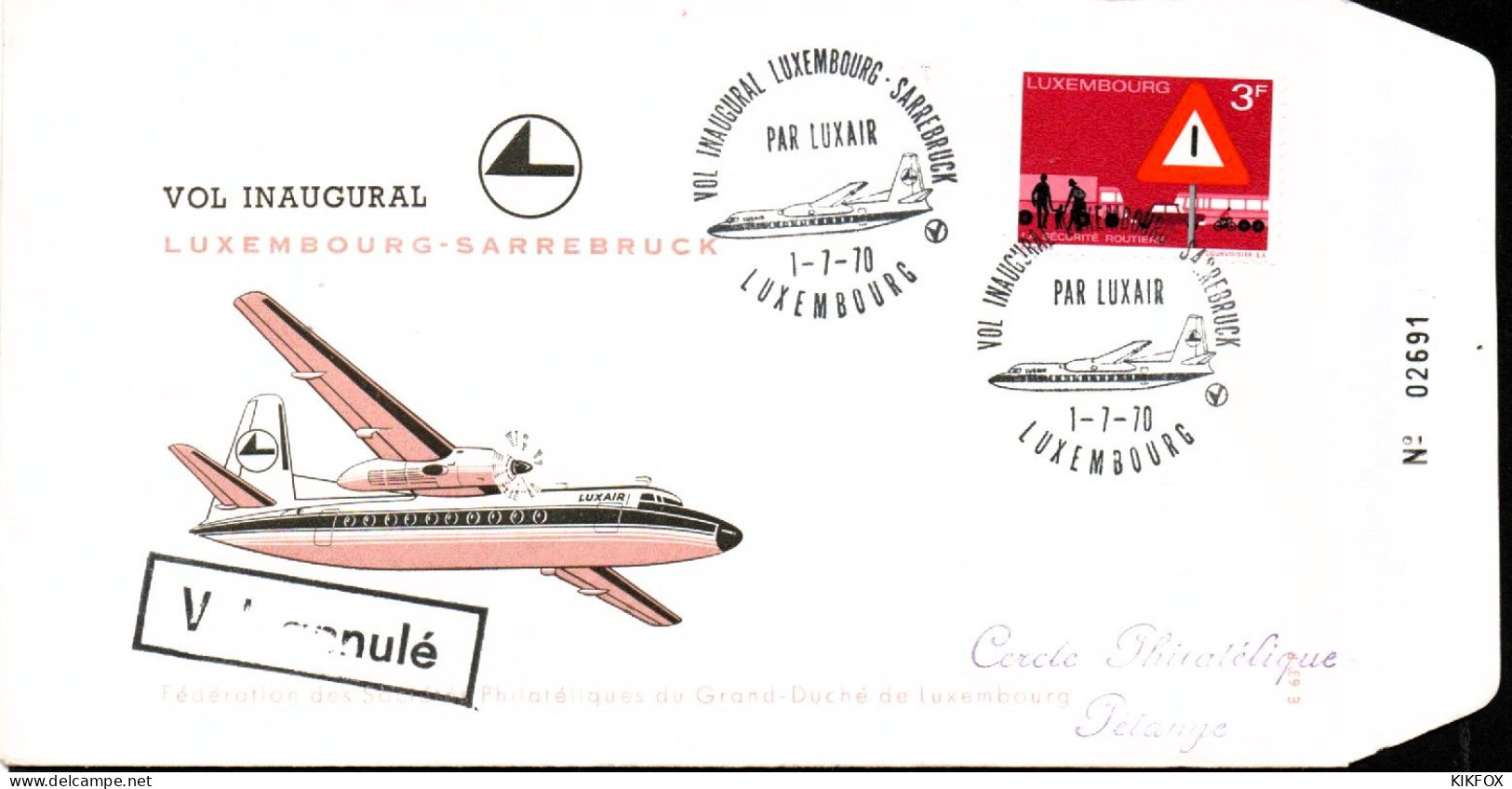 Luxembourg , Luxemburg , 1 - 7 - 1970 ,FDC  Vol Inaugural Luxembourg - Sarrebruck , Timbre Mi 809, GESTEMPELT - Lettres & Documents