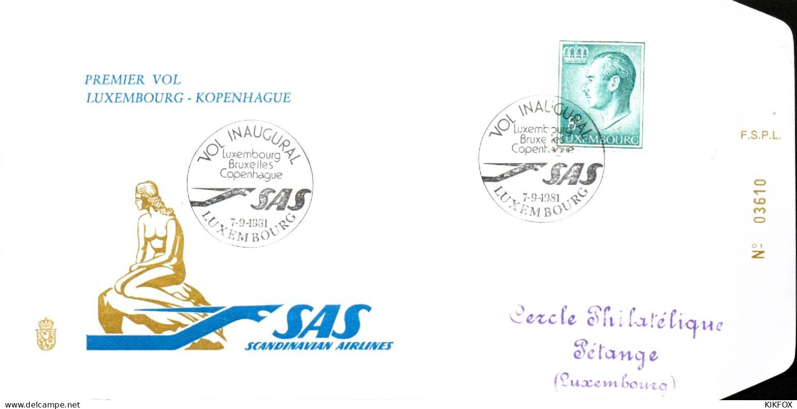 Luxembourg , Luxemburg , 7 - 9 - 1981 ,FDC  Vol Inaugural Luxembourg - Kopenhague , Timbre Mi 831, GESTEMPELT - Briefe U. Dokumente