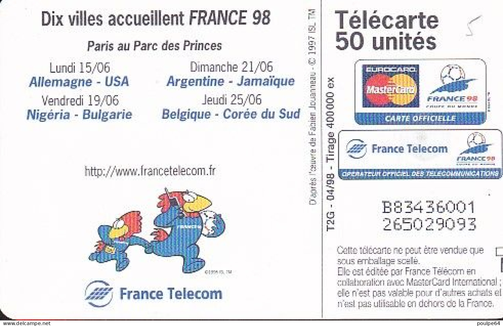 F854  04/1998 - PARIS " Affiche Coupe Du Monde "  - 50 GEM2 - 1998