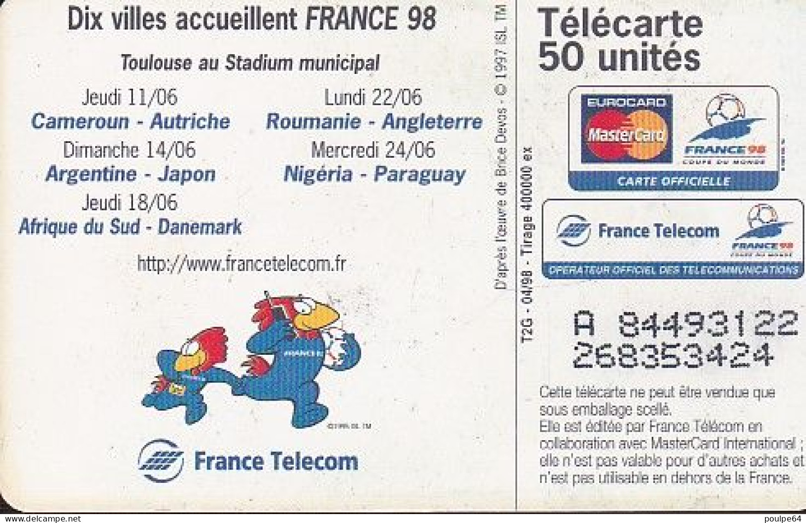 F858  04/1998 - TOULOUSE " Affiche Coupe Du Monde " - 50 SO3 (verso : N° Deux Lignes - 2ème Ligne Vers La Gauche Sous A) - 1998