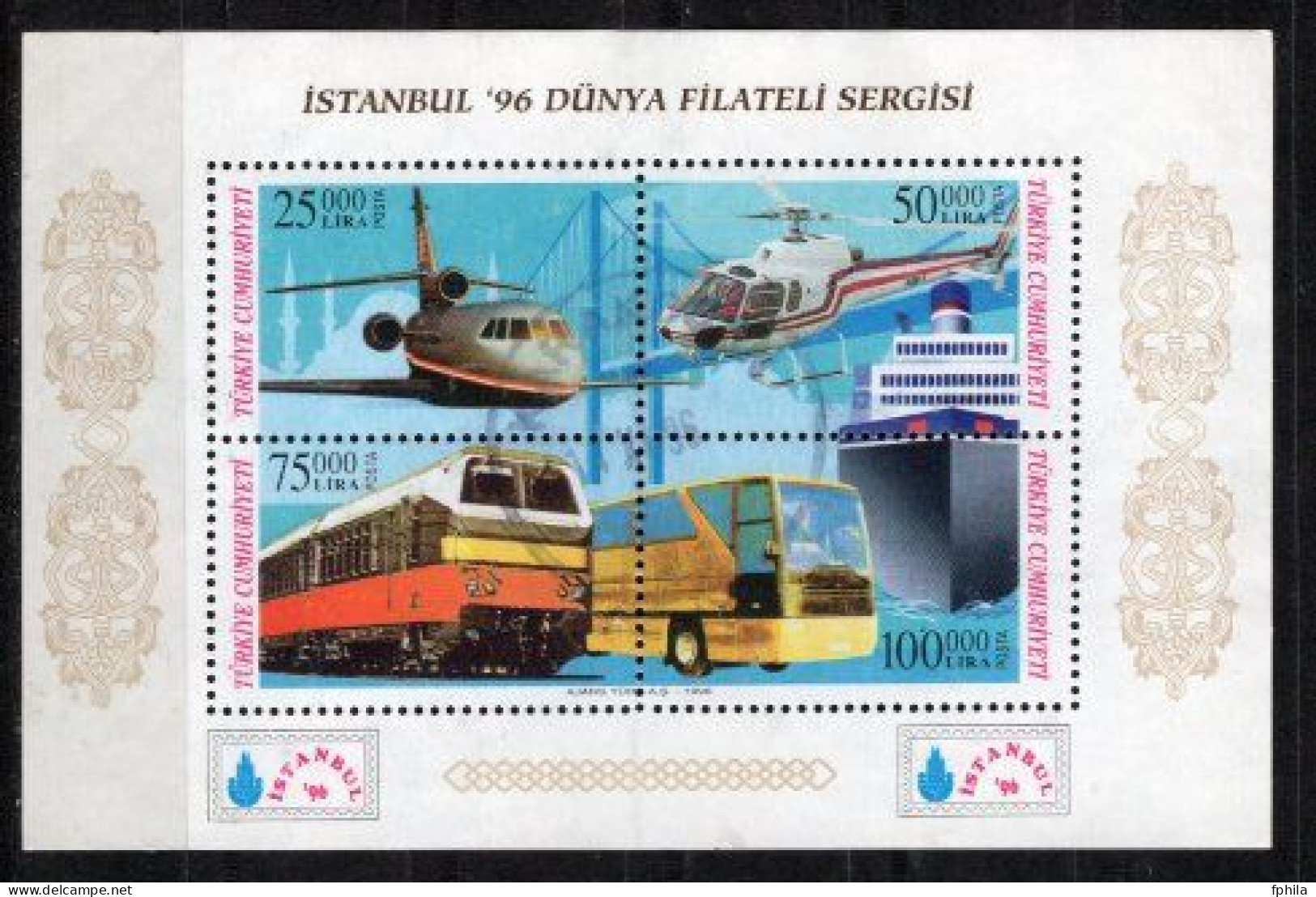 1996 TURKEY ISTANBUL '96 WORLD PHILATELIC EXHIBITION - VEHICLES SOUVENIR SHEET USED - Blocchi & Foglietti