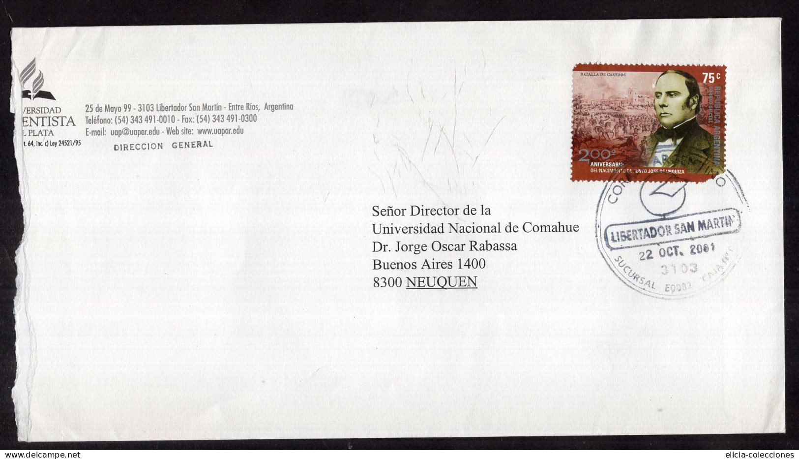 Argentina - 2001 - Letter - Commercial Envelope - Sent To Neuquen - Caja 1 - Lettres & Documents