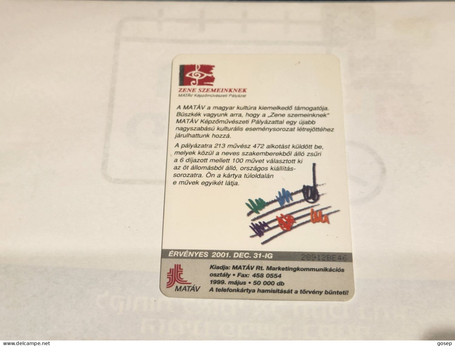HUNGARY-(HU-P-1999-18)-Zene Szemeinknek-(117)(1800Ft)(28912BE46)(tirage-50.000)-used,card+1card Prepiad Free - Ungarn