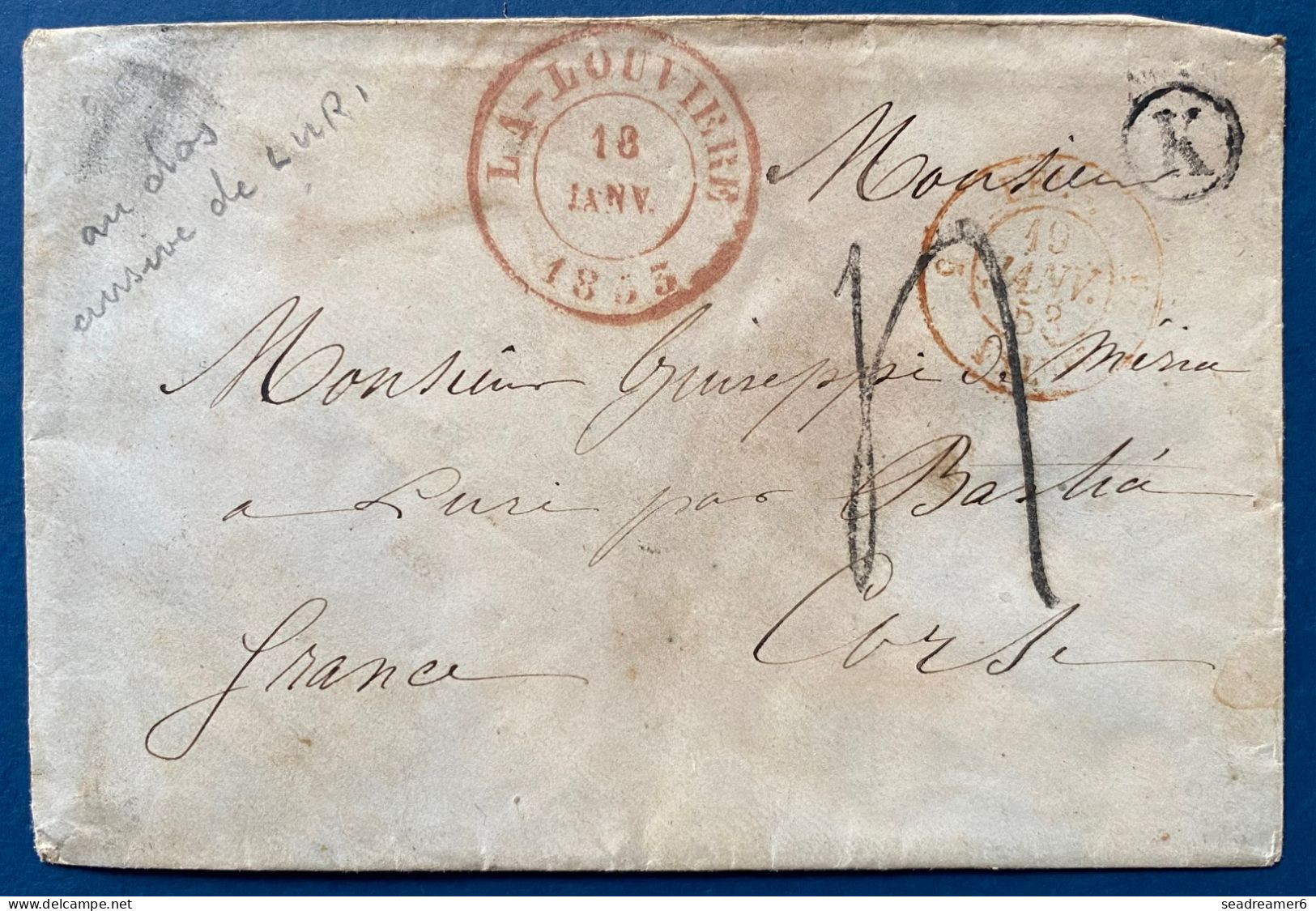 Lettre BELGIQUE 1854 Boite Rurale "K" Dateur De La LOUVIÈRE Pour LURI En CORSE Par BASTIA Arrivée Cursive " 19/ LURI " - Poste Rurale
