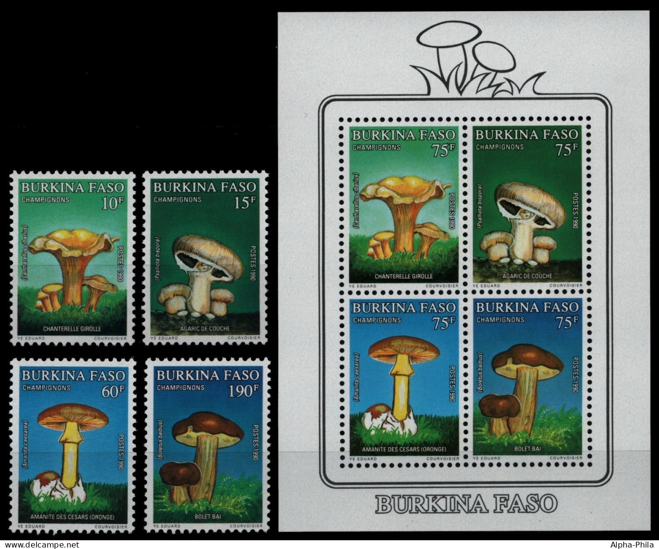 Burkina Faso 1990 - Mi-Nr. 1231-1234 & Block 134 ** - MNH - Pilze / Mushrooms - Burkina Faso (1984-...)