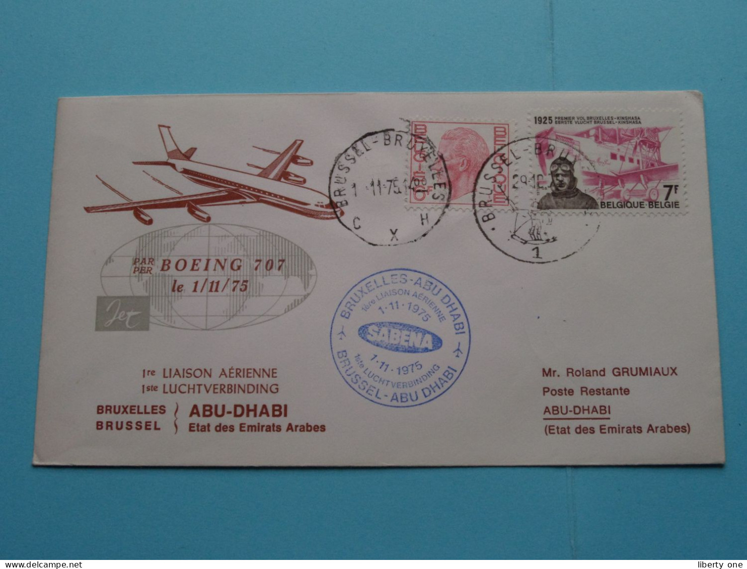 SABENA - BOEING 707 >>> Roland GRUMIAUX Etat Des EMIRATS ARABES > 1975 ABU DHABI UAE ( Voir / See Photo ) ! - Abu Dhabi