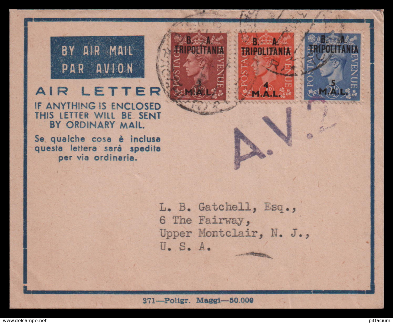 Italien 1951: Brief  | Militärpost, Luftpost | Tripolis, Upper Montclair - Tripolitania