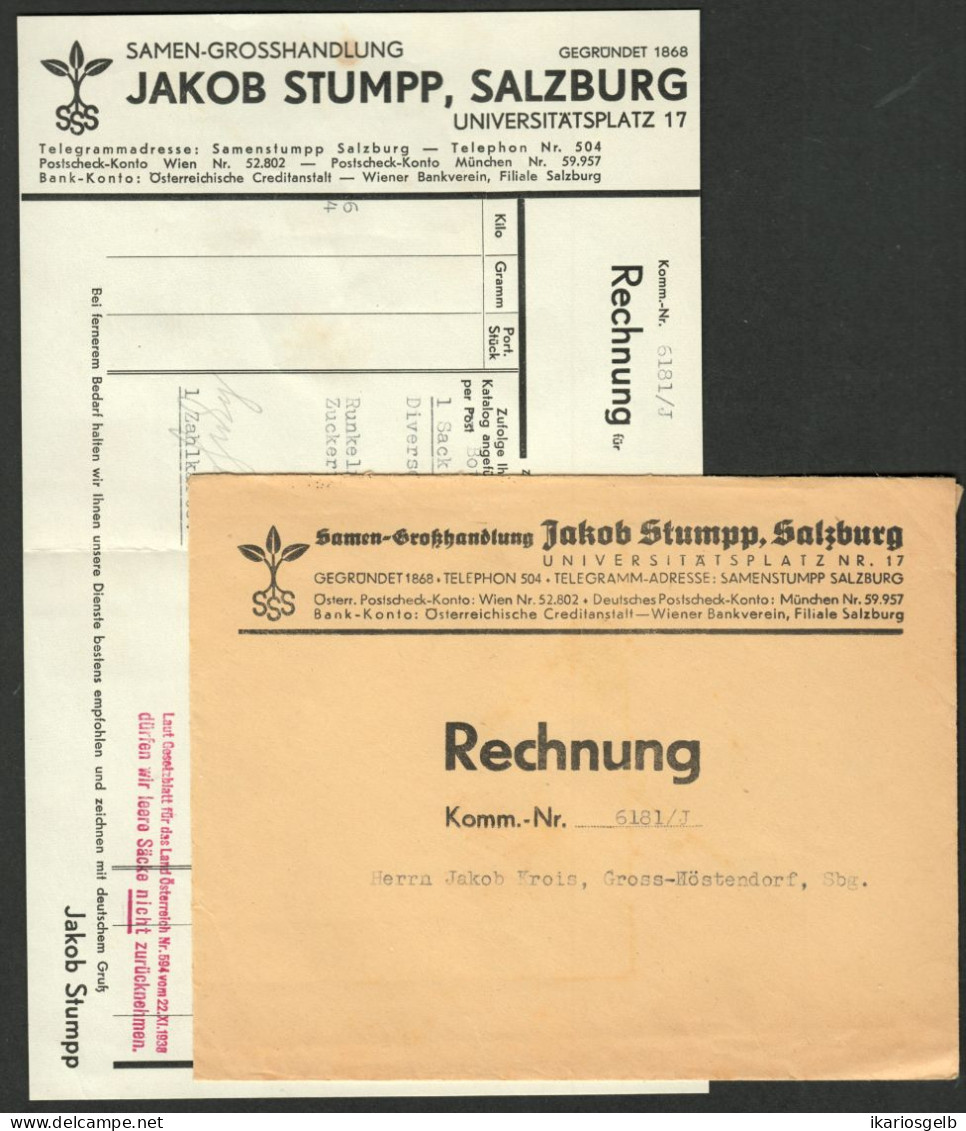 Österreich SALZBURG 1936 Deko Rechnung  +Versandcouvert Fa Samen-Großhandlung Jakob Stumpp Universitätsplatz 17 - Autriche