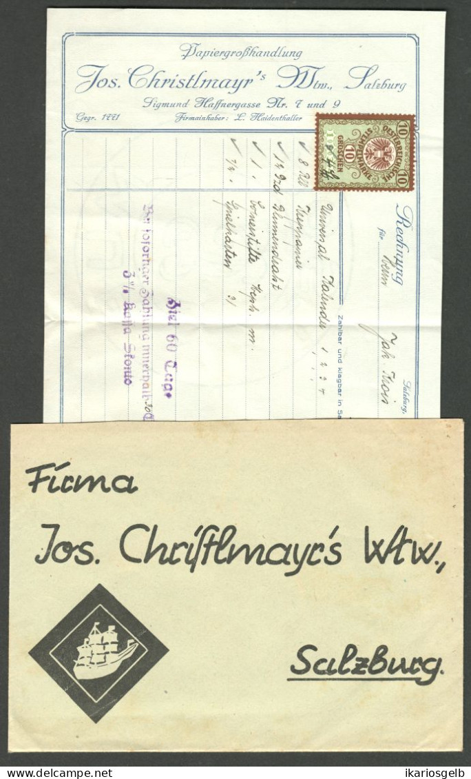 Österreich SALZBURG 1936 Deko Rechnung + Fiskalmarke + Versandcouvert Fa Papiergroßhandlung Jos.Christlmayr Wwe - Oostenrijk