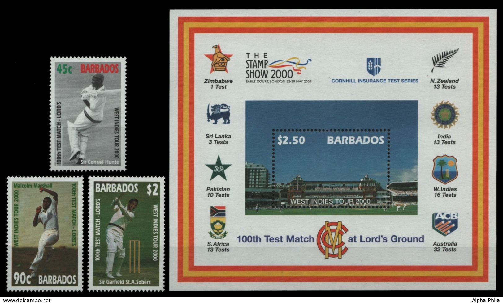 Barbados 2000 - Mi-Nr. 985-987 & Block 39 ** - MNH - Cricket - Barbades (1966-...)