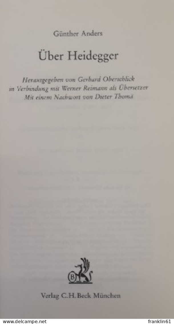 Über Heidegger. - Filosofía