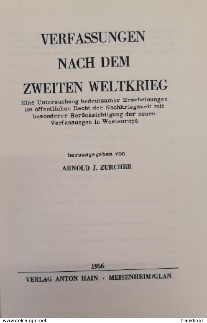 Verfassungen Nach Dem Zweiten Weltkrieg. Schriften Zur Politischen Wissenschaft. Band 2. - Law