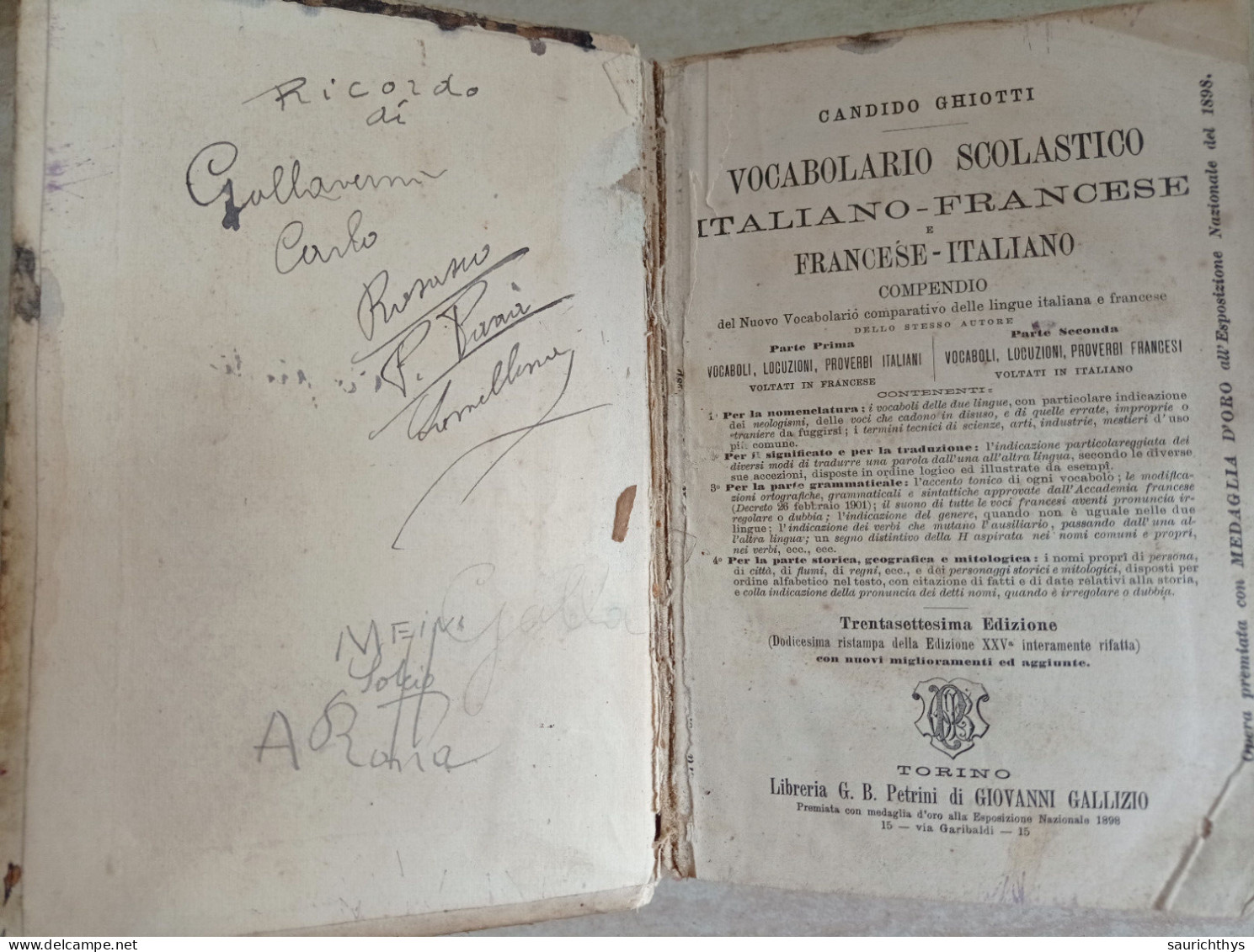Candido Ghiotti Vocabolario Scolastico Italiano Francese Libreria Petrini Di Giovanni Gallizio Torino 1890 - Libros Antiguos Y De Colección