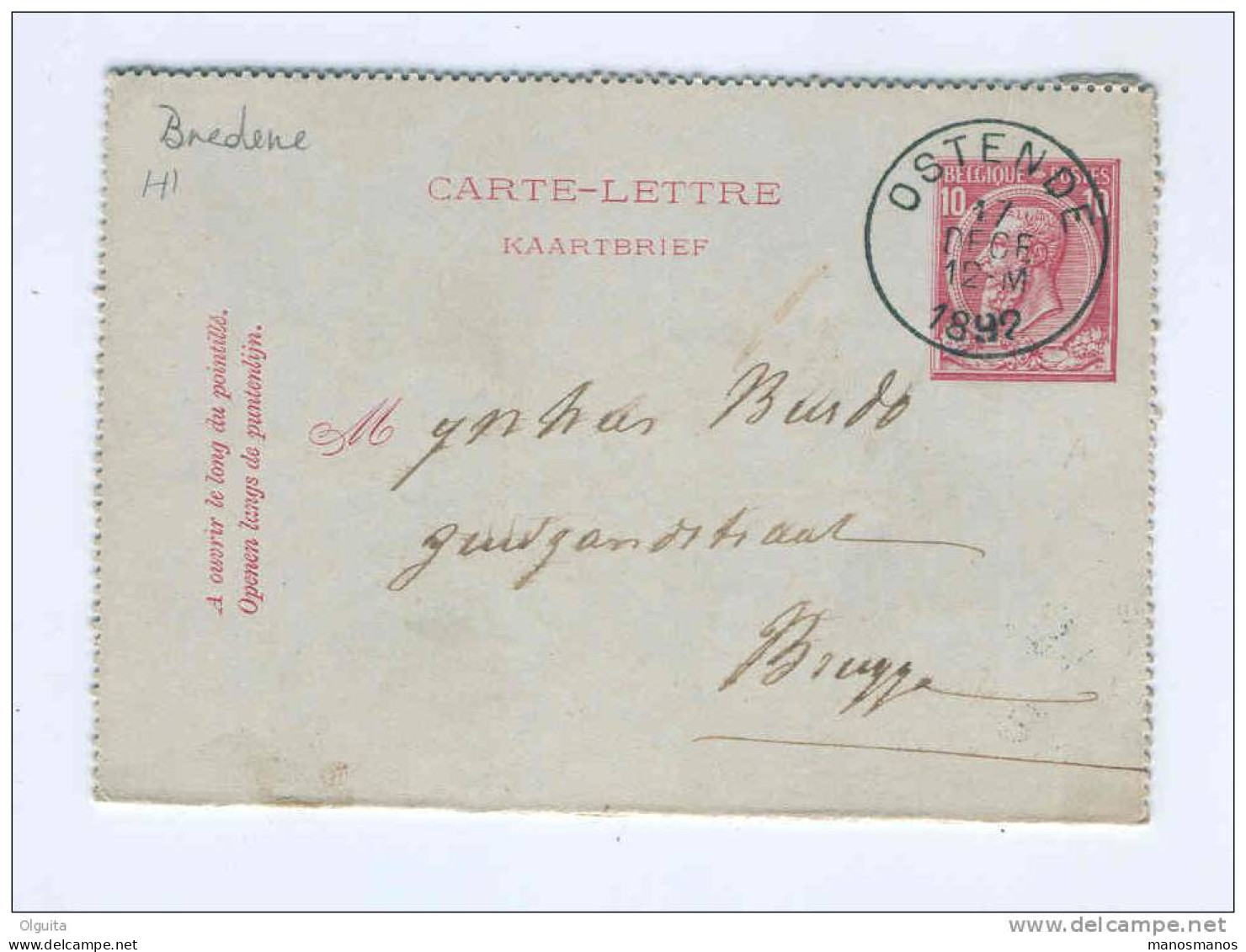 Carte-Lettre Type TP No 46 Simple Cercle OSTENDE 1892 Vers BRUGGE  - Origine Manuscrite BREDENE  --  B4/594 - Letter-Cards