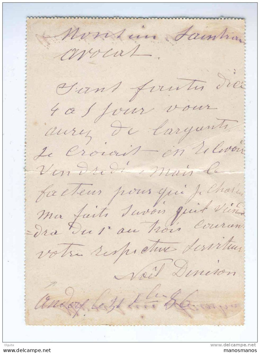 Carte-Lettre Type TP No 46 Simple Cercle JAMBES 1887 Vers NAMUR - Origine Manuscrite ANDOY --  B4/590 - Cartes-lettres