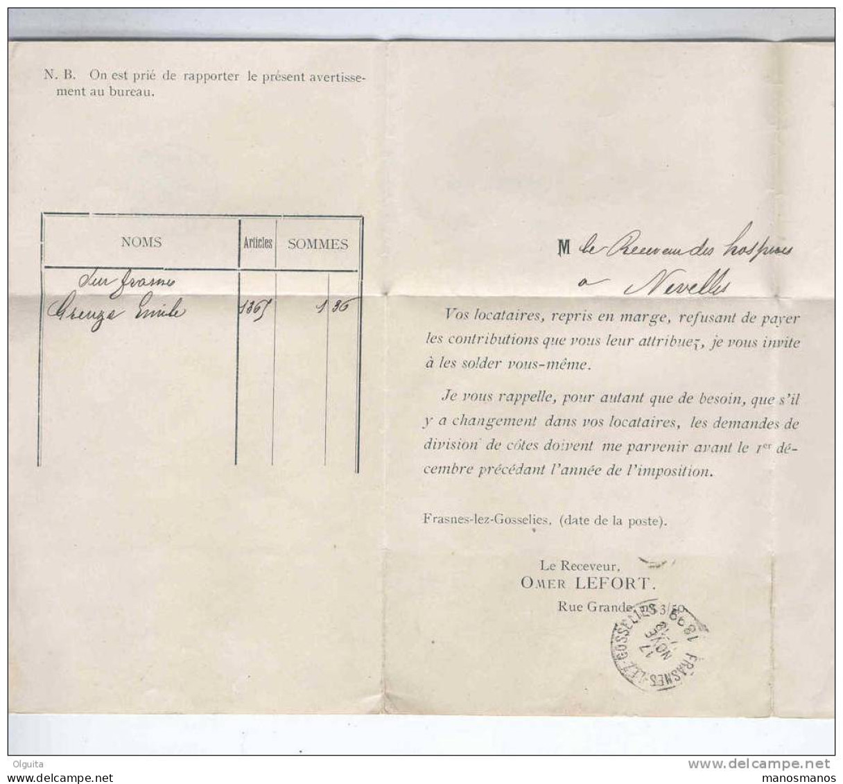 Lettre De Service En FRANCHISE - Omer Lefort , Receveur De FRASNES LEZ GOSSELIES 1899 Vers NIVELLES  --  B1/437 - Zonder Portkosten