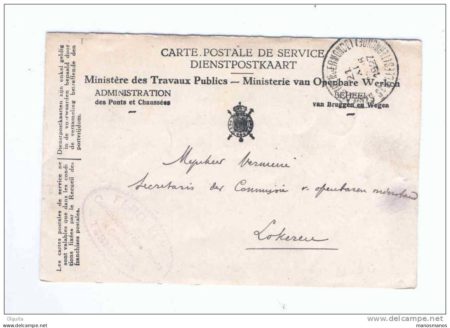 Carte De Service En FRANCHISE Ponts Et Chaussées De TERMONDE - Cachet ST GILLID DENDERMONDE 1927  --  B1/435 - Franchise