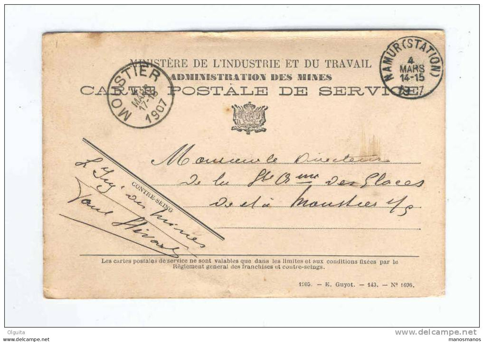 Carte De Service En FRANCHISE Administration Des Mines - NAMUR 1907 Vers Glaceries De MOUSTIER  --  B1/431 - Zonder Portkosten