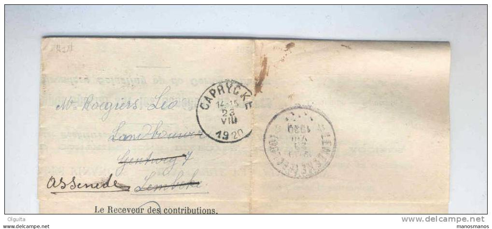 Lettre De Service En FRANCHISE - Contributions De CAPRYCKE 1920  Vers LEMBEKE EECLOO , Puis ASSENEDE  --  B1/442 - Franchise