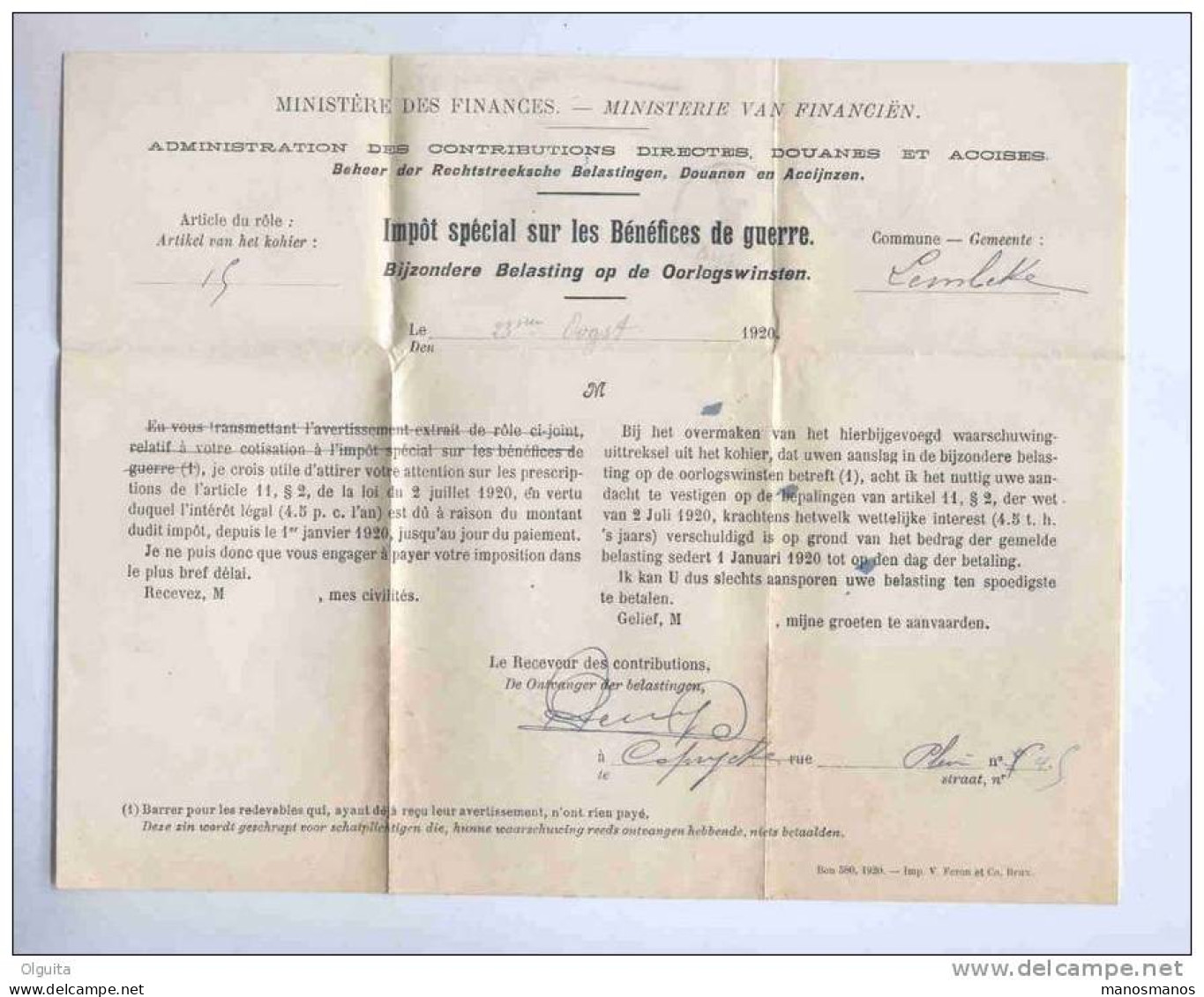 Lettre De Service En FRANCHISE - Contributions De CAPRYCKE 1920  Vers LEMBEKE EECLOO , Puis ASSENEDE  --  B1/442 - Zonder Portkosten