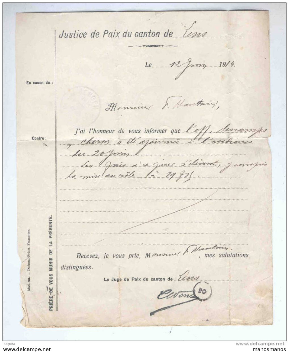 Lettre De Service En FRANCHISE - Juge De Paix LENS HAINAUT 1914  Vers Huissier Hautain  à  MONS  --  B1/439 - Portofreiheit